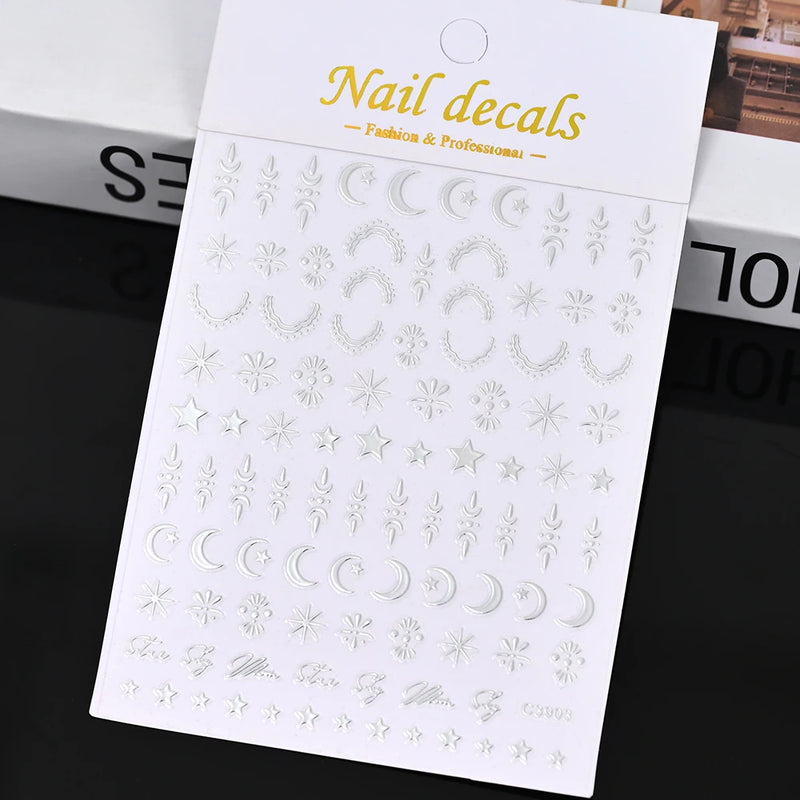 3D Gold Sun/Moon/Star Bronzing Nail Art Stickers – Gold & Silver Self-Adhesive Decals