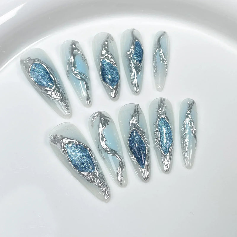 10Pcs Short Cat Eye Press-On Nails – Laser Butterfly Design, Full Cover Fake Nails for Manicure