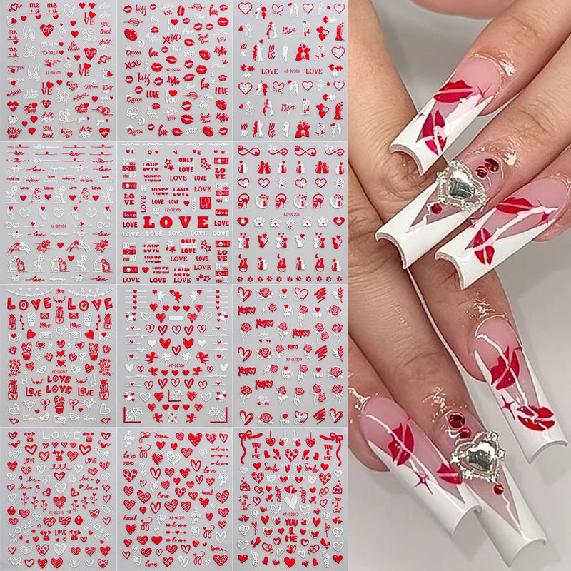 Valentine’s Day Nail Stickers – Red Lips & Love Heart Self-Adhesive Nail Decals (4/6/8/12 Pcs)