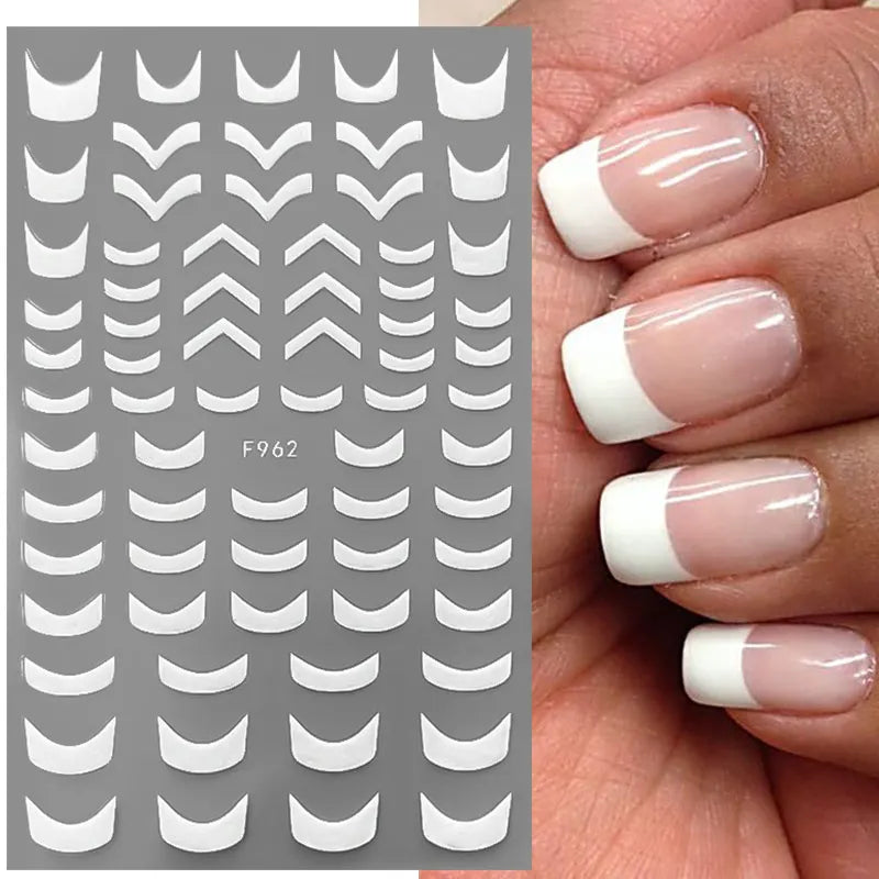 White French Tips 3D Stickers For Nails Silver Gold Stripes Geometric Wave Swirl Line Art Adhesive