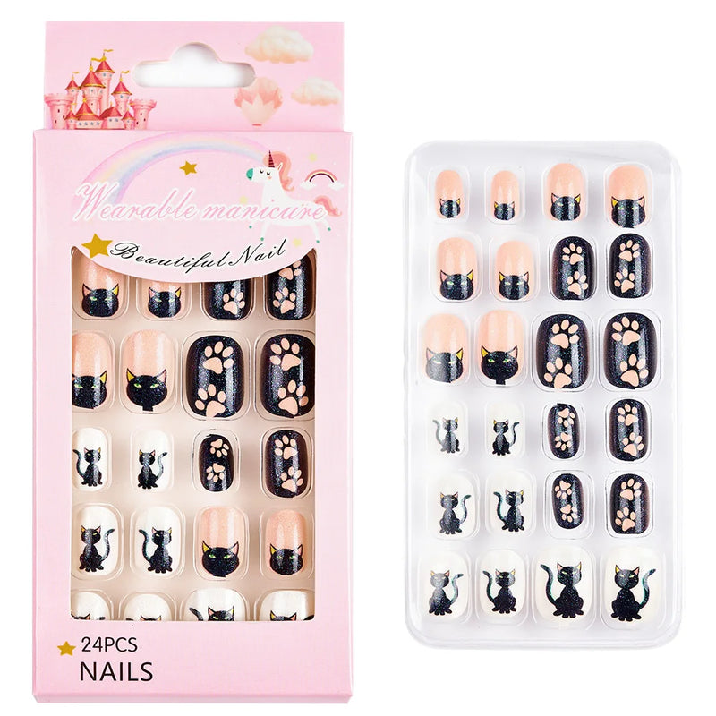 24Pcs Kids Press-On Nails – Cartoon Candy Design, Full Cover Fake Nails for Girls