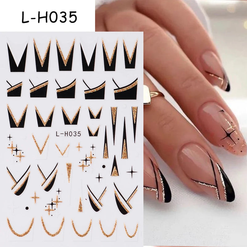 3D Rhinestone French Tip Nail Stickers – Gold & Silver Retro Wave Line Design for DIY Nail Art