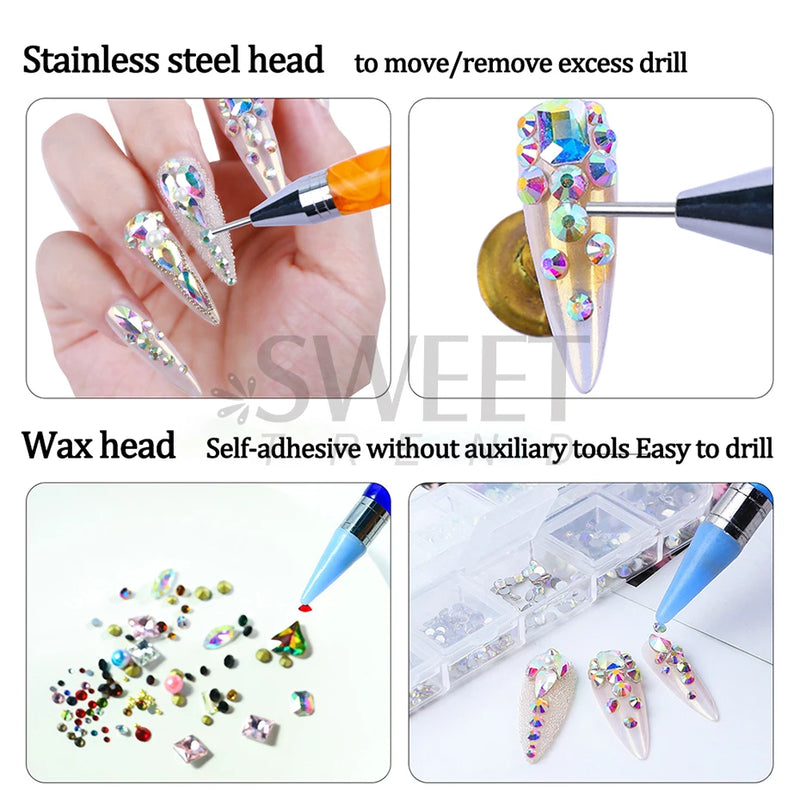 Dual-Ended Nail Dotting Pen – Crystal Handle Wax Picker & Gel UV Brush for Nail Art