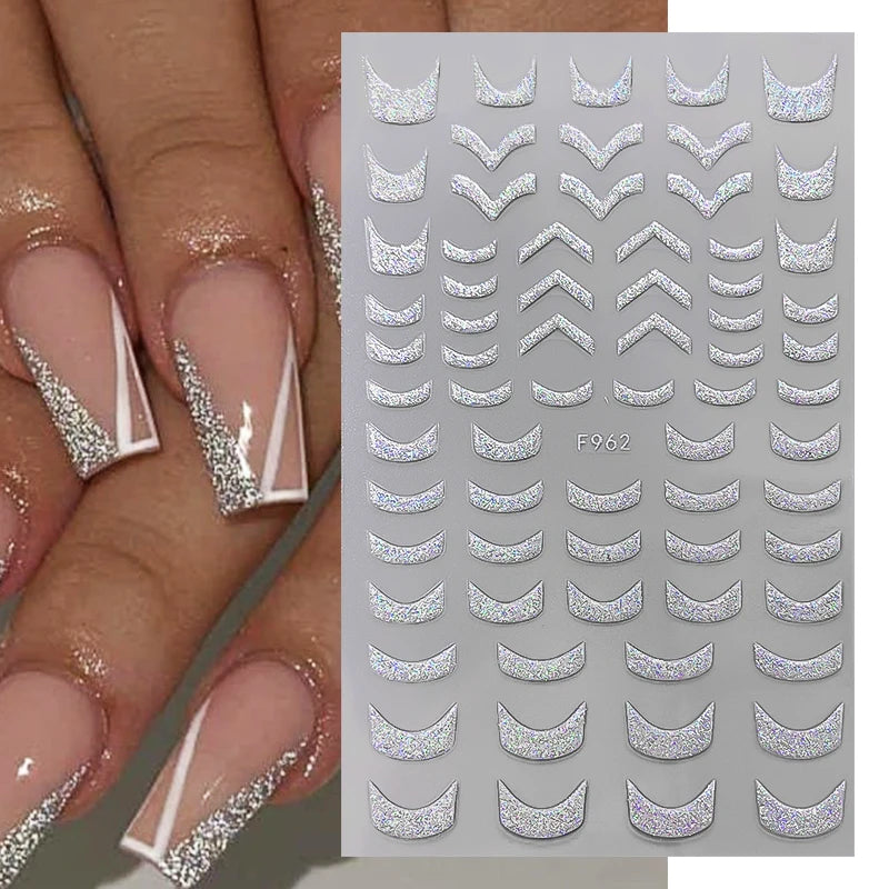 White French Tips 3D Stickers For Nails Silver Gold Stripes Geometric Wave Swirl Line Art Adhesive