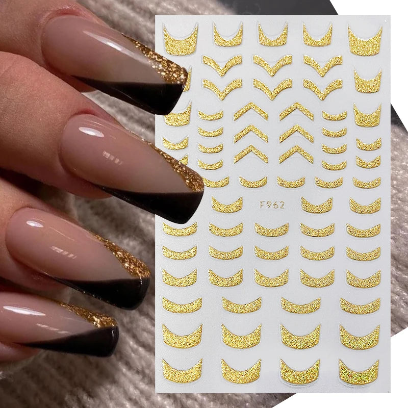 White French Tips 3D Stickers For Nails Silver Gold Stripes Geometric Wave Swirl Line Art Adhesive