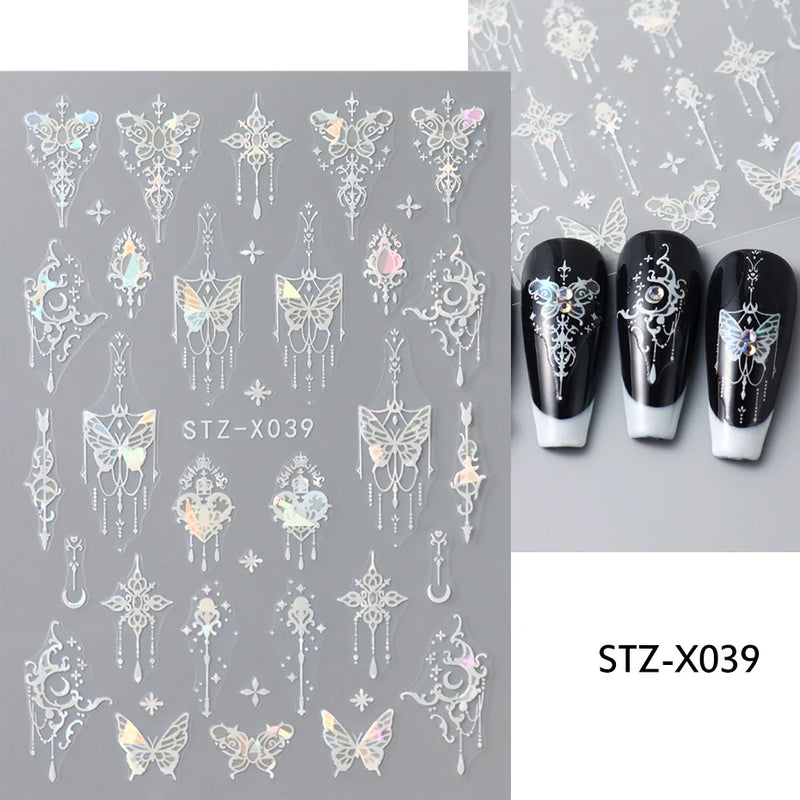 Metallic Black Butterfly 3D Nail Stickers – Dark Style Charms, Lace, Moon & Star Foil Decals