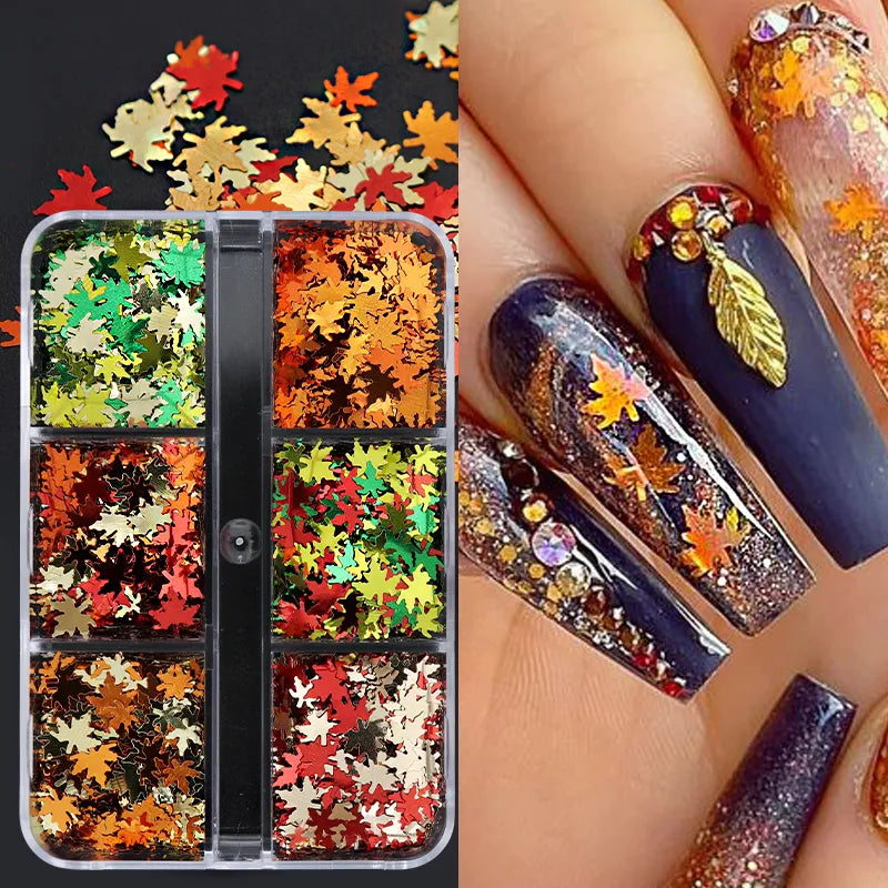 6 Grids Orange Maple Leaves Nail Glitter Sequins Mixed Shiny Fallen Leaf Flakes Autumn Nail Art