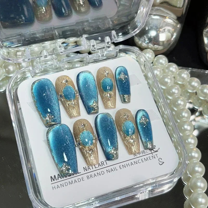 10Pcs Handmade Long Ballet Press-On Nails – Blue 3D Ocean Moon Rhinestone Full Cover Fake Nails