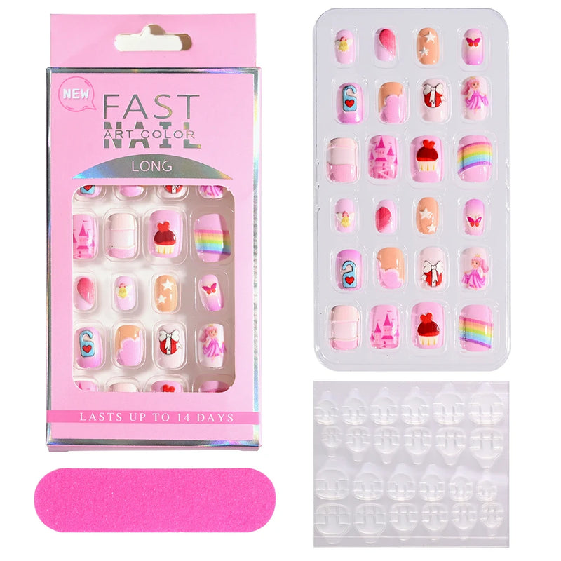 24Pcs Kids Press-On Nails – Cartoon Candy Design, Full Cover Fake Nails for Girls