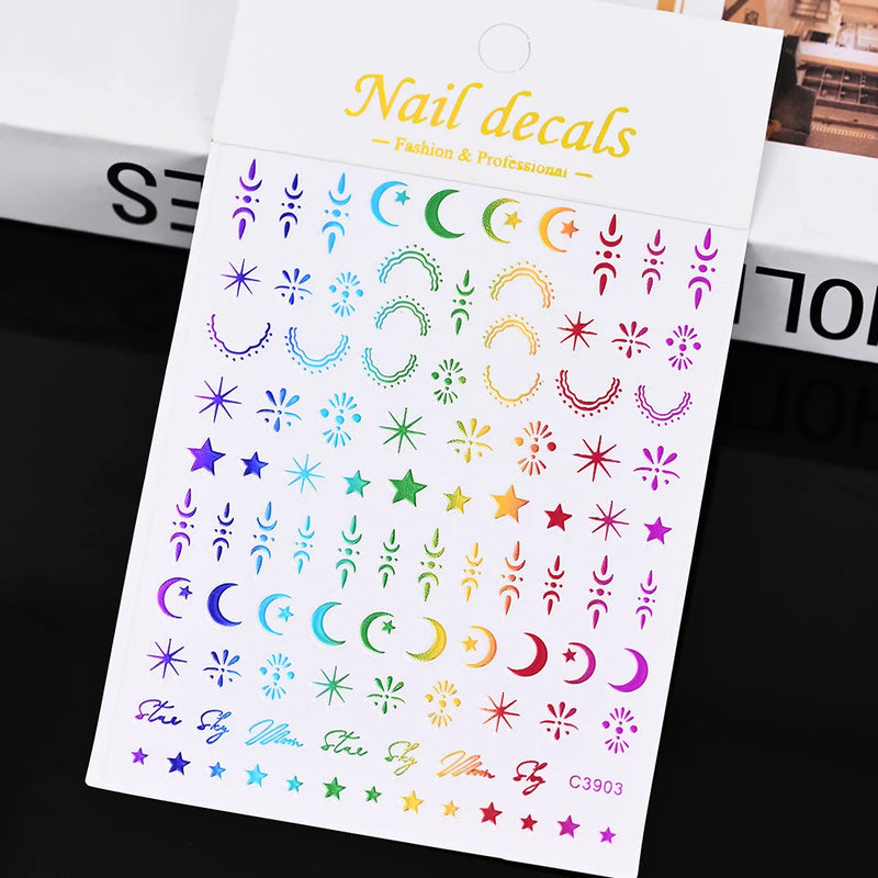 3D Gold Sun/Moon/Star Bronzing Nail Art Stickers – Gold & Silver Self-Adhesive Decals