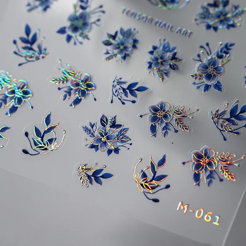 Acrylic Engraved Nail Sticker Holographi Blue Flowers Gold Line Self-Adhesive Nail Transfer Sliders