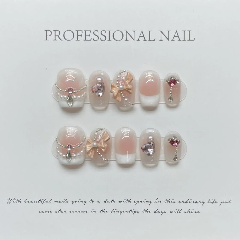 10Pcs Handmade Press-On Nails – Short, Sweet & Cool Full Cover Design, Round Head Fake Nails