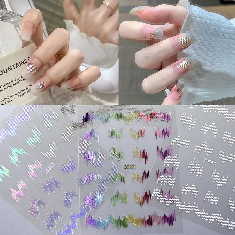 1PC High Gloss Reflective Wave Line Nail Sticker – White, Gold & Silver Glitter Decals