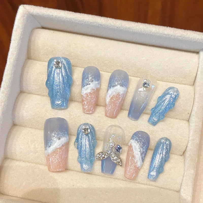 10Pcs Handmade Long Ballet Press-On Nails – Blue 3D Ocean Moon Rhinestone Full Cover Fake Nails