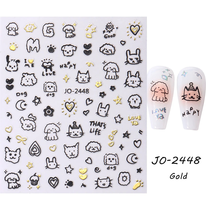 Cute 3D Cartoon Animal Nail Stickers – Dog, Cat & Bunny & More Self-Adhesive Manicure Decals