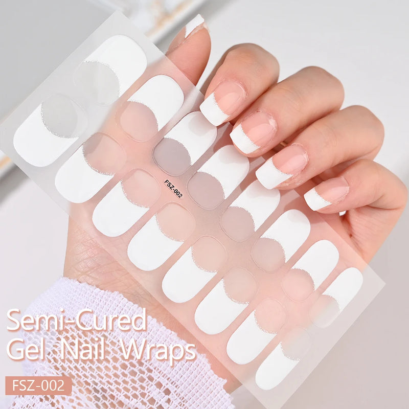 16pcs French Semi-Cured Gel Nail Stickers – White & Red Full Cover Nail Wraps