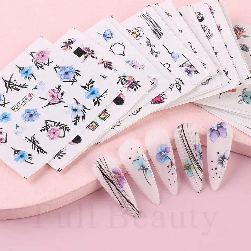 24pcs / Set Spring Summer nail Sticker Water Decal Nail Art Ink Flowers Leaves Graffiti Slider Nail