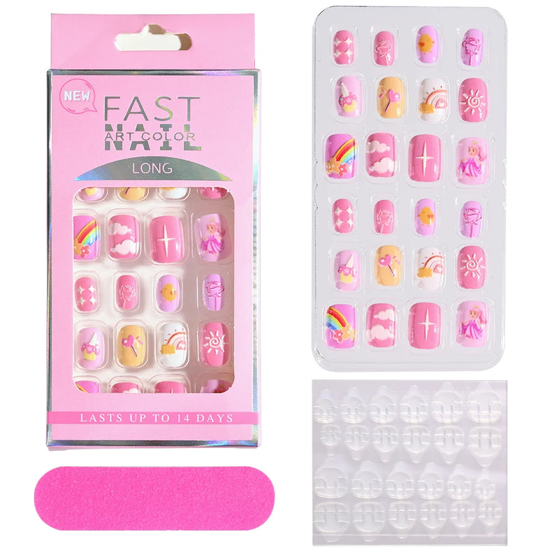 24Pcs Kids Press-On Nails – Cartoon Candy Design, Full Cover Fake Nails for Girls