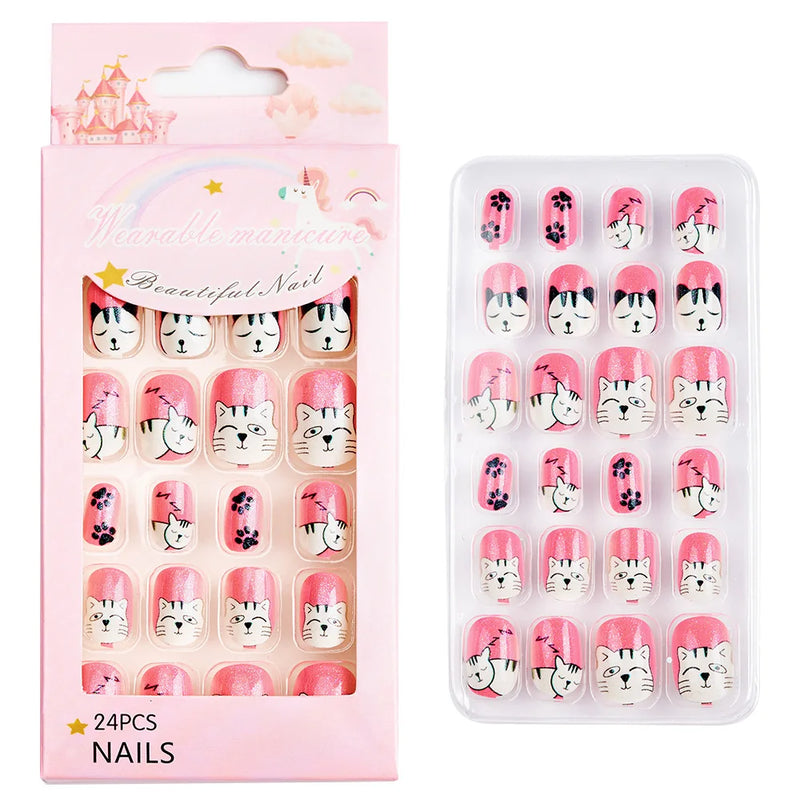 24Pcs Kids Press-On Nails – Cartoon Candy Design, Full Cover Fake Nails for Girls