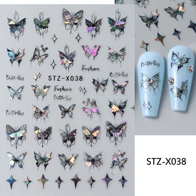 Metallic Black Butterfly 3D Nail Stickers – Dark Style Charms, Lace, Moon & Star Foil Decals