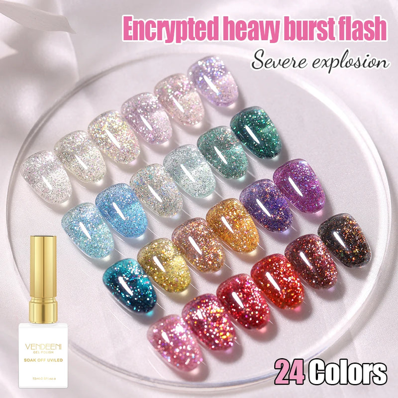 VENDEENI 24 ColoUrs High Density Glitter Nail Gel Polish – Sparkling UV Soak Off Nail Gel