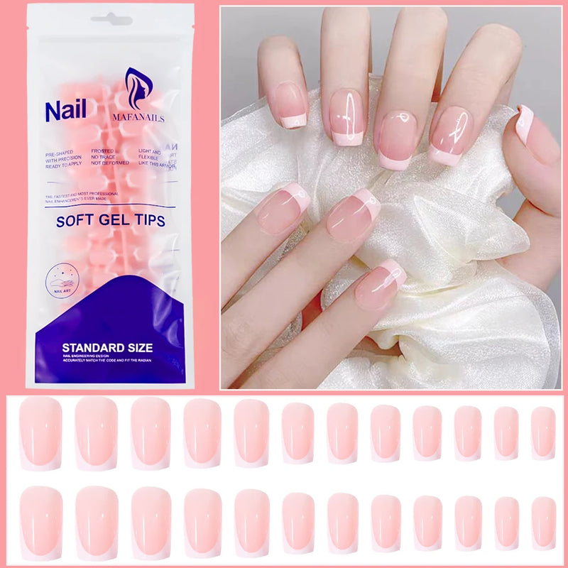 120Pcs Pink Almond French Press-On Nails – Gradient White Full Cover Acrylic Gel False Nail Tips