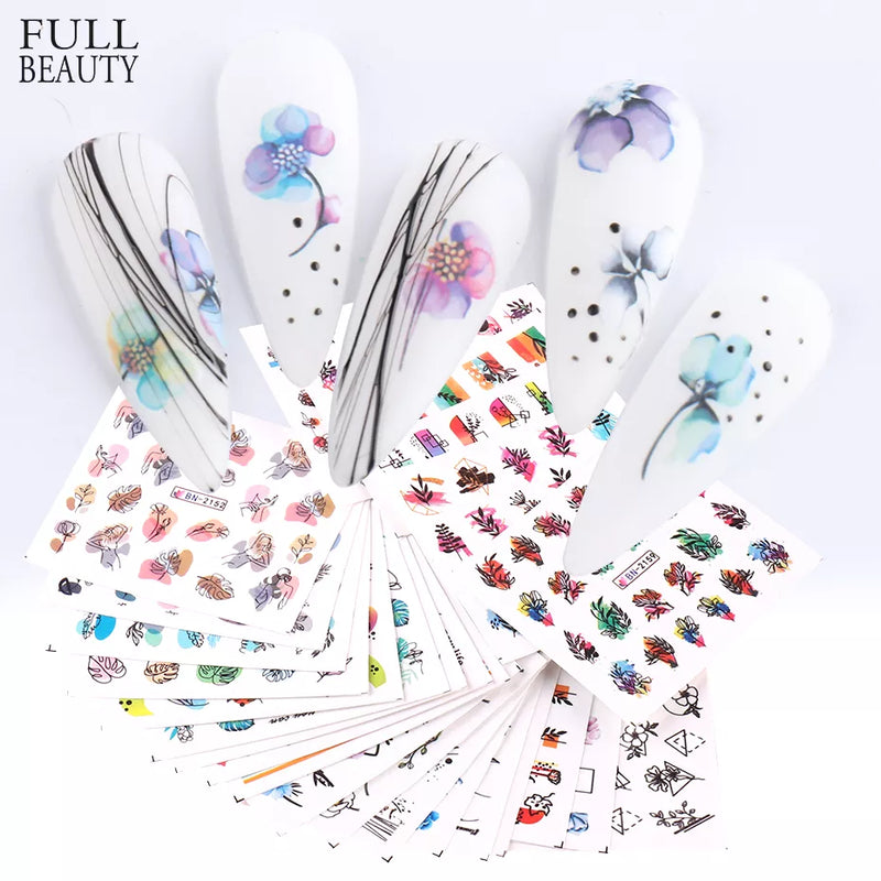 24pcs / Set Spring Summer nail Sticker Water Decal Nail Art Ink Flowers Leaves Graffiti Slider Nail