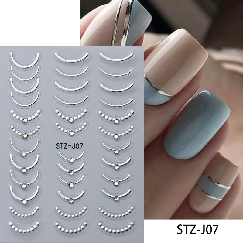 3D Rhinestone French Tip Nail Stickers – Gold & Silver Retro Wave Line Design for DIY Nail Art