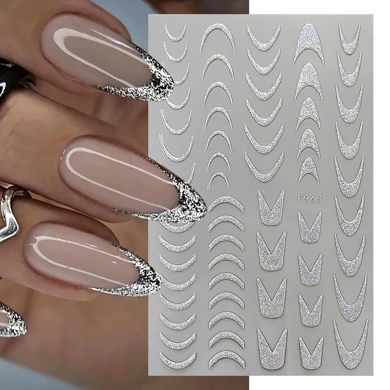 White French Tips 3D Stickers For Nails Silver Gold Stripes Geometric Wave Swirl Line Art Adhesive