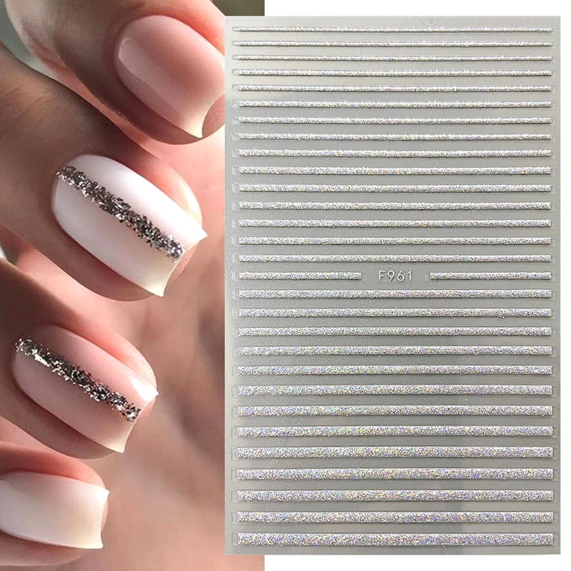 3D Rhinestone French Tip Nail Stickers – Gold & Silver Retro Wave Line Design for DIY Nail Art