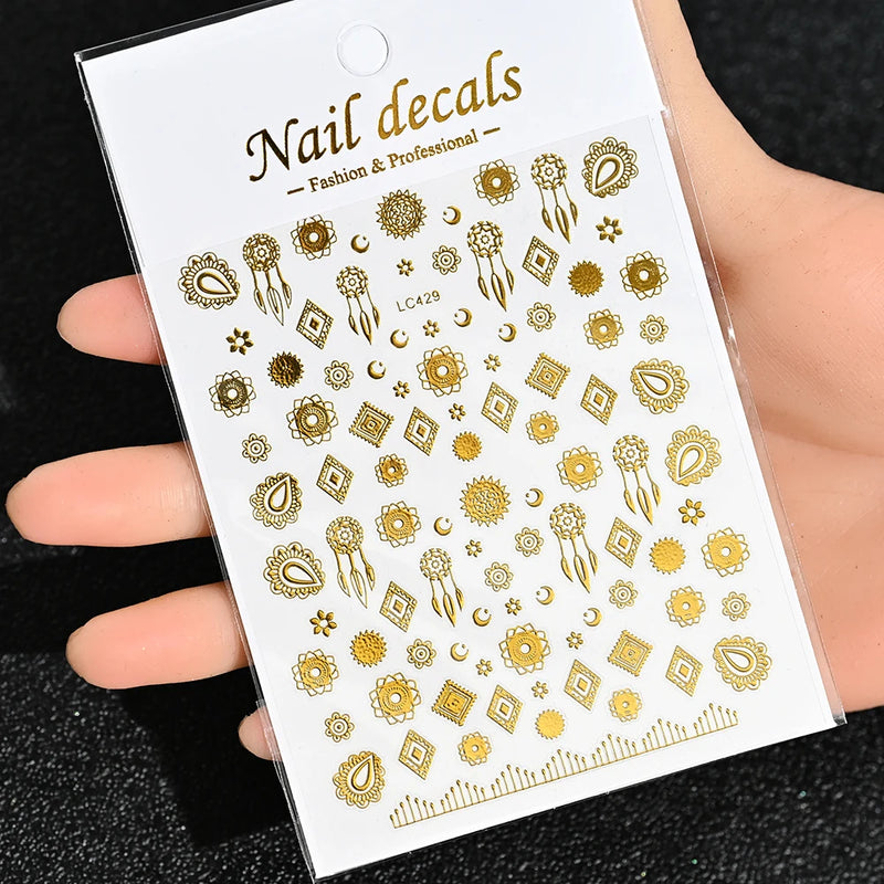 3D Gold Sun/Moon/Star Bronzing Nail Art Stickers – Gold & Silver Self-Adhesive Decals