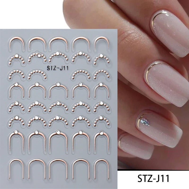 3D Rhinestone French Tip Nail Stickers – Gold & Silver Retro Wave Line Design for DIY Nail Art