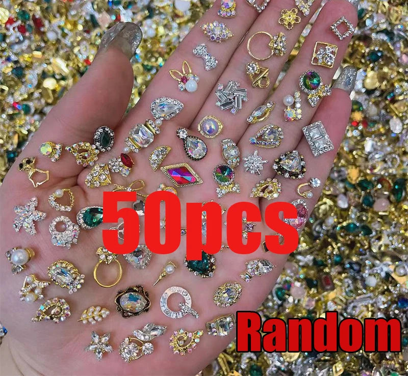 50pcs Random Luxury Nail Art Dangle Charms – Heart Bowknot Tassel Alloy 3D Nail Jewellery