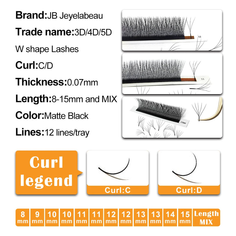 JB Jeyelabeau 3D-6D W Shape Premade Volume Fans – Soft, Natural Curl Eyelash Extensions