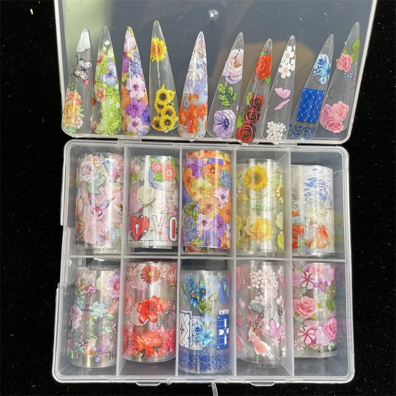 New Flower Nail Foils for Transfer Paper Stickers Floral Adhesive Fruit Nails Wraps Fish DIY Water