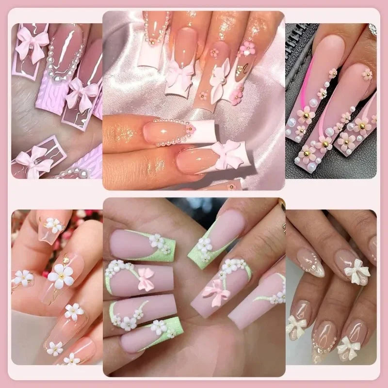 Mixed Acrylic 3D Nail Art Decorations - Flower Charms, Gold Beads, Caviar Pearls & Rhinestones