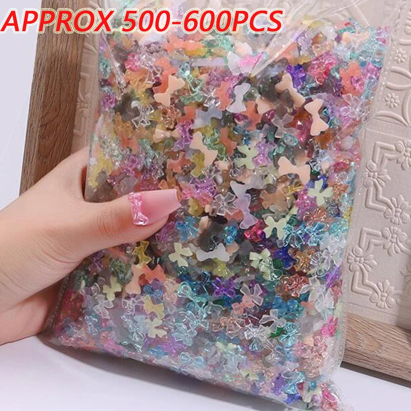 600PCS Nail Charms – Mix Flower, Heart, Bear, Bow Resin Rhinestones for Nail Art