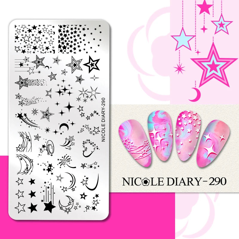 NICOLE DIARY Nail Stamping Plate – Leaves, Flowers, Geometric Stripes & More- Nail Art Stencil