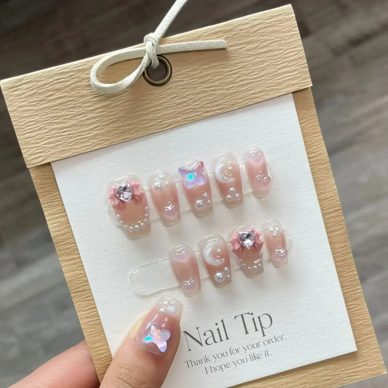 10Pcs Handmade Cute Press-On Nails – Short False Nails with 3D Star, Moon & Rhinestone Heart Design