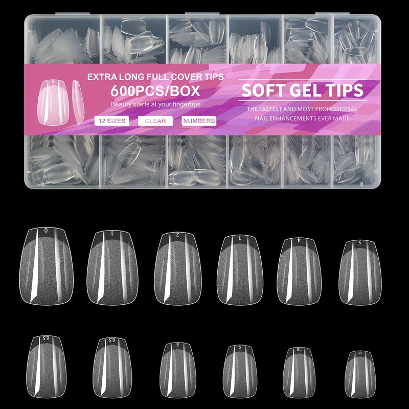 600PCS Half Matte Clear Acrylic Nail Tips – Soft Gel False Nail Tips for Extensions & Manicure Tools