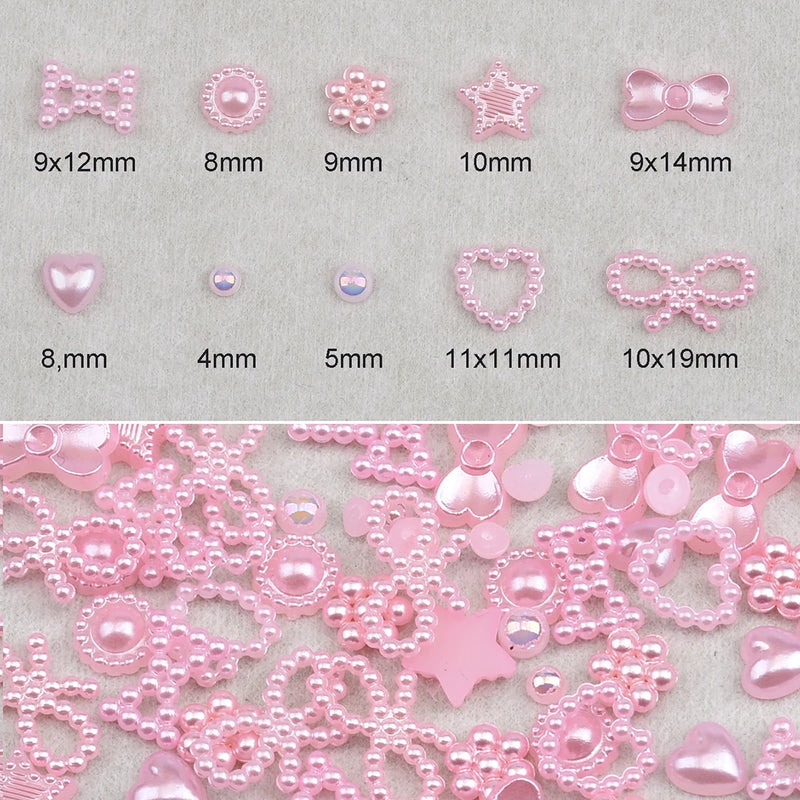 150~180pcs Pearl Nail Charms Assortment Heart Bows Star Shaped White Pink 3d Nail Decoration Bulk