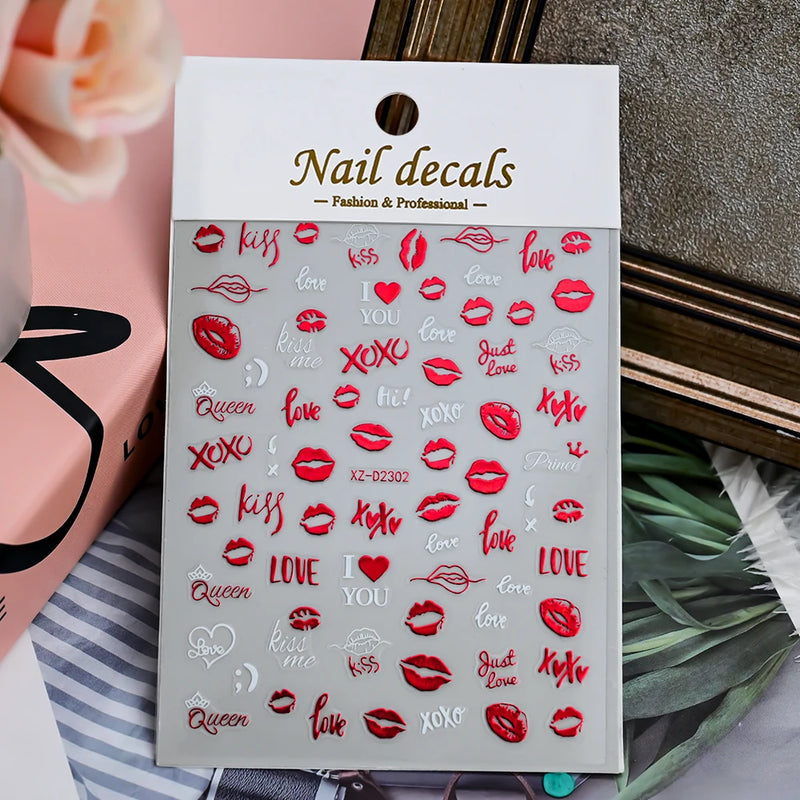 Valentine’s Day Nail Stickers – Red Lips & Love Heart Self-Adhesive Nail Decals (4/6/8/12 Pcs)