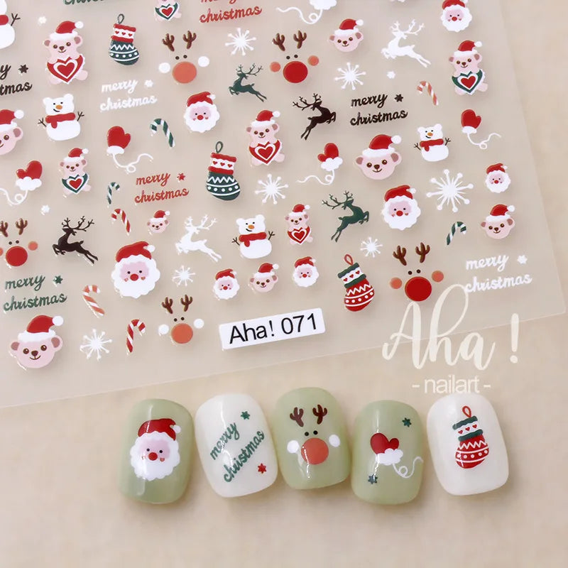 Christmas Nail Art Stickers – 3D Santa Claus & Elk Snowflake Decals for Festive Manicures