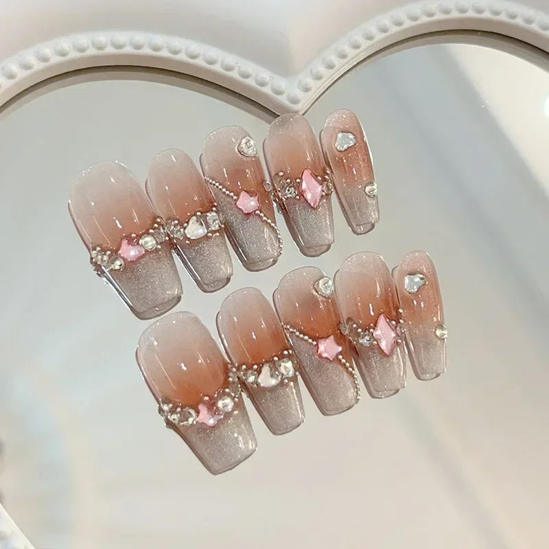 10Pcs Cat Eye Handmade Press-On Nails – Gradient French Ballerina Artificial Nail Tips