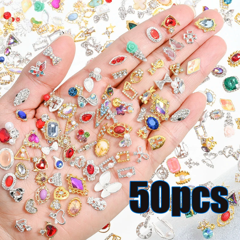 50pcs Random Luxury Nail Art Dangle Charms – Heart Bowknot Tassel Alloy 3D Nail Jewellery