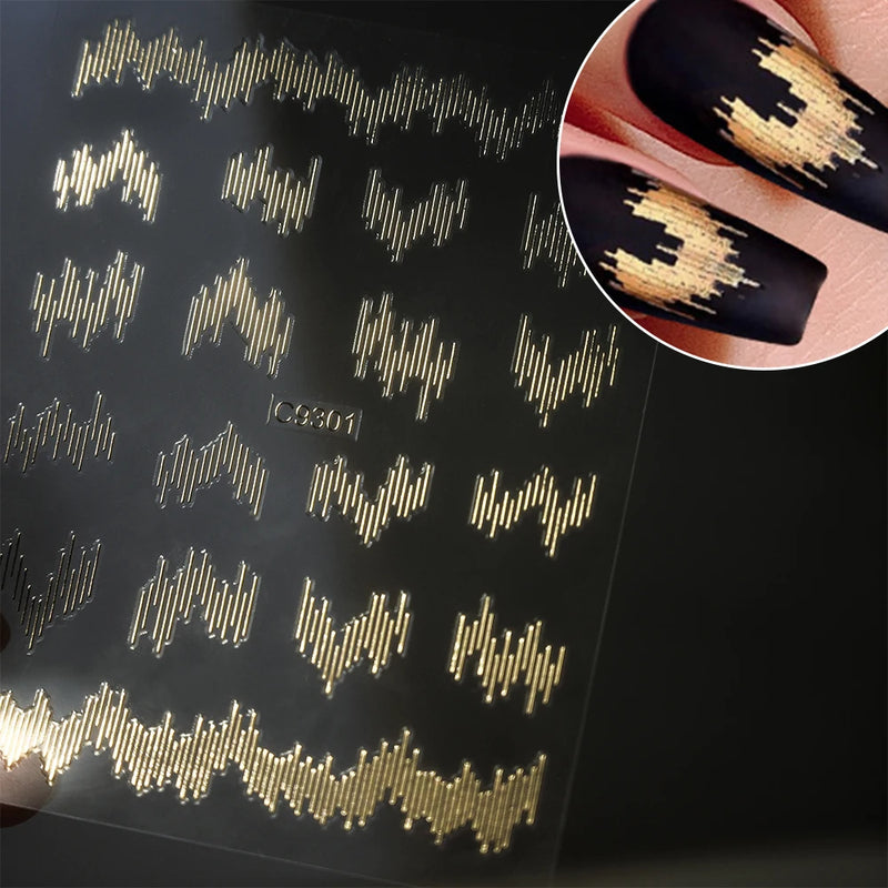 1PC High Gloss Reflective Wave Line Nail Sticker – White, Gold & Silver Glitter Decals