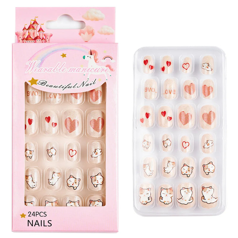 24Pcs Kids Press-On Nails – Cartoon Candy Design, Full Cover Fake Nails for Girls