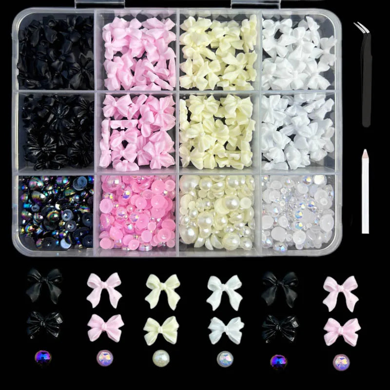 Mixed Acrylic 3D Nail Art Decorations - Flower Charms, Gold Beads, Caviar Pearls & Rhinestones