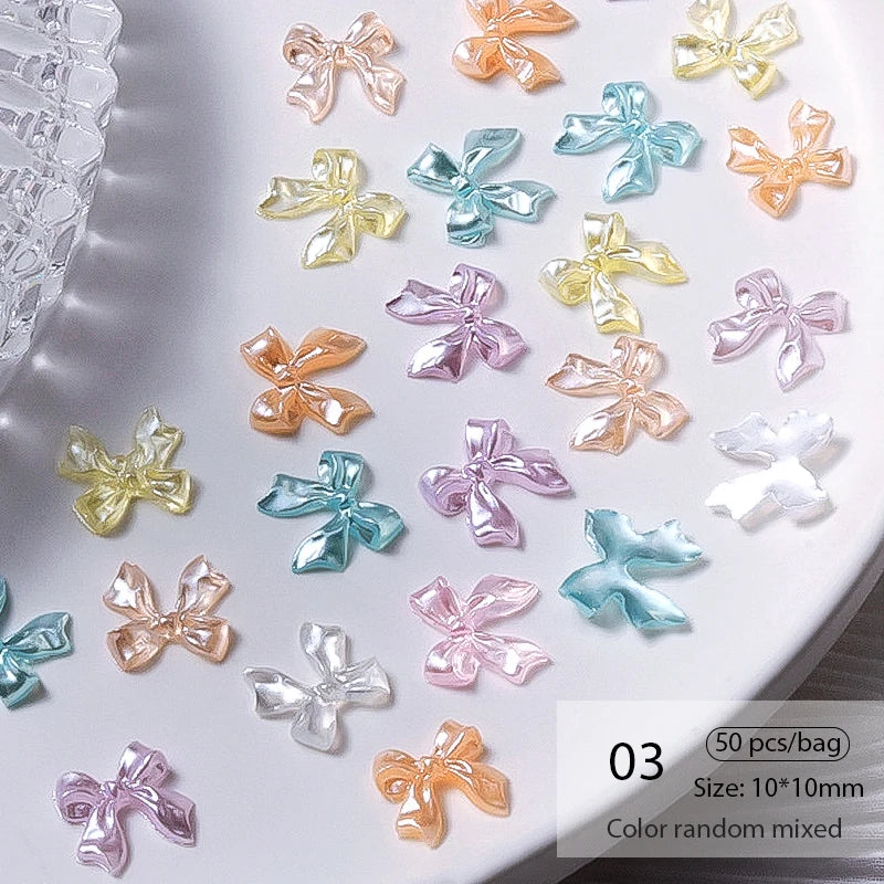 Mix Colour Jelly Ribbon Bowknot & Pearl Nail Charms – 3D Nail Art Decorations