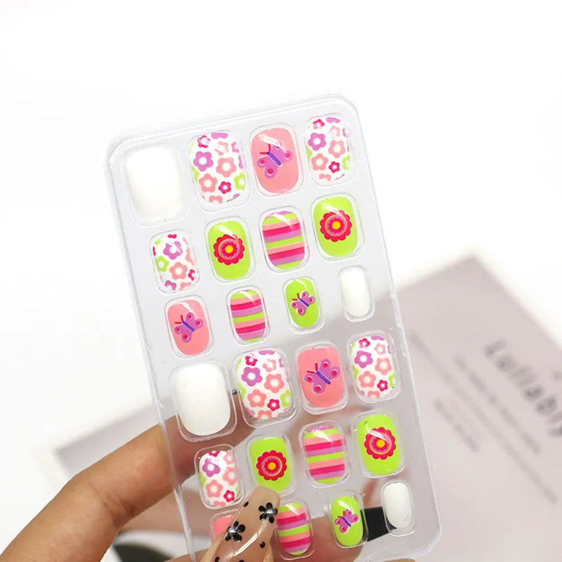 24Pcs Kids Press-On Nails – Cartoon Style, Full Cover Fake Nails, Stick-On Nail Decor for Girls